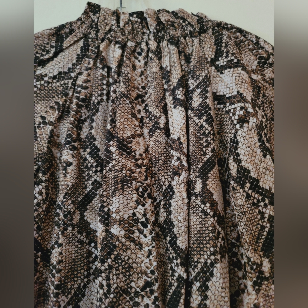 Figue Blouse Lilah Beige Snakeskin Print Womens Medium Long Puff Sleeves Tassel - Picture 11 of 14